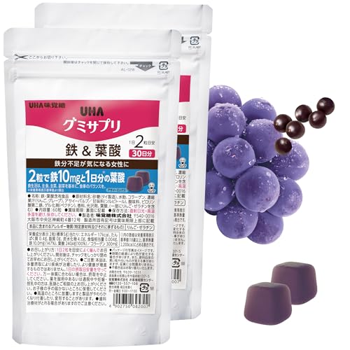 UHA味覚糖［公式］ 2粒にプルーン70個分の鉄10mgと葉酸240μg配合 鉄分不足が気になる女性に まとめ買い 通販限定 グミサプリ 鉄&葉酸 アサイーミックス味 30日分 1袋あたり60粒 1日2粒 2袋セットのサムネイル