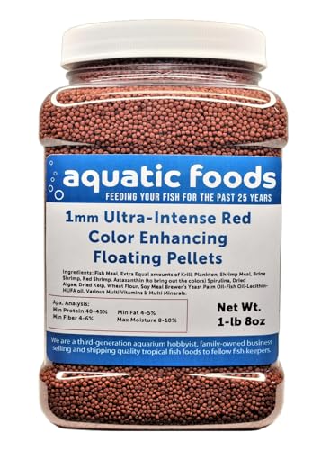 1-mm Ultra-Intense RED Color Enhancing in 7-10 Days Floating Pellets for Baby Discus, Cichlids, Marine Fish, Community Fish, All Tropical and Pond Fish…1-lb 8oz Med Jar
