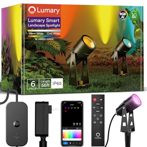 Lumary Smart Landscape Lights 56Ft 6 Pack RGBAIWW Low Voltage Landscape Lighting IP65 Waterproof Spotlight Color Changing Garden & Yard Lights App/Voice/Remote Control Compatible with Alexa