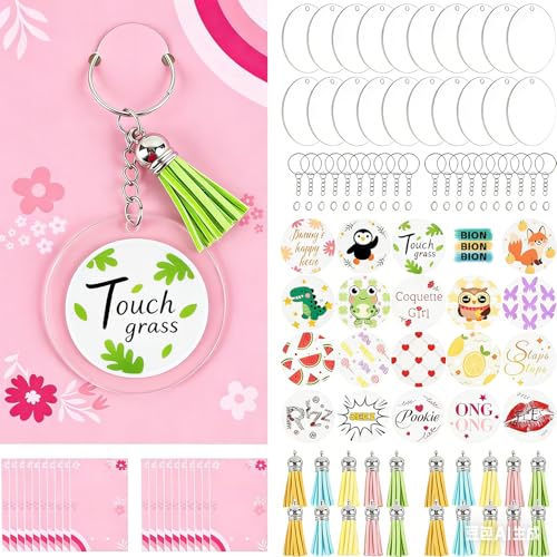 Joyclub Make Your Own Keychain Kit, 20 Pack Acrylic Key Chain Blanks Set with Cute UV DTF Stickers for Adults, Christmas Party Favors, Classroom Activities, Stocking Stuffers, Small Gifts
