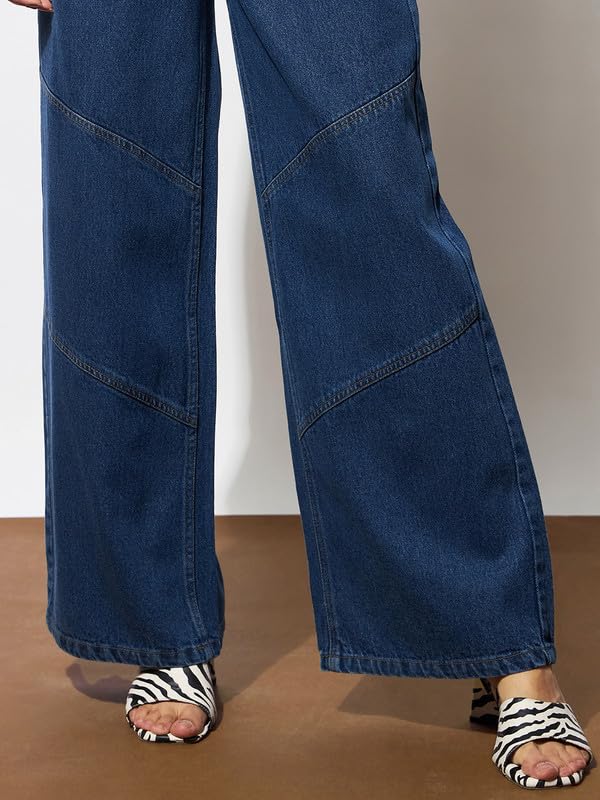 Image of barcino Navy High-Rise Stitch Detail Straight Jeans