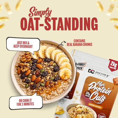 Image of DC DOCTORS CHOICE High Protein Oats Banana Caramel Flavor 2kg| 24g Protein | Made with Real Bananas | No Refined Sugar | Healthy Instant Oatmeal Breakfast | High Fiber Oats Box