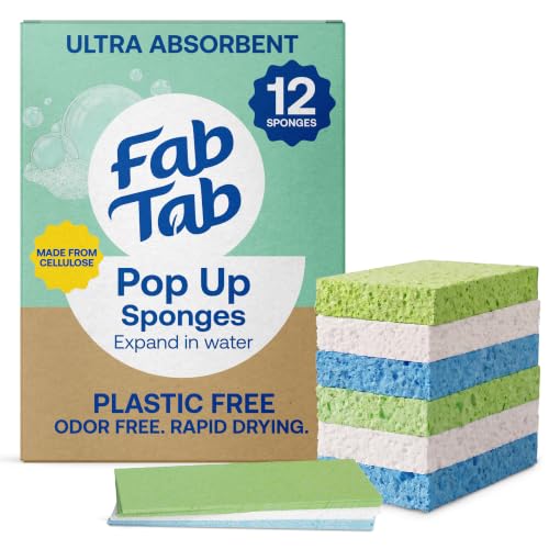 Image of Fab Tab Pop-Up Sponges - 12 Count Cellulose Sponges - Self-Expanding, Highly Absorbent, Non-Scratch, Assorted Colors - for Kitchen, Bathroom & Countertop Cleaning