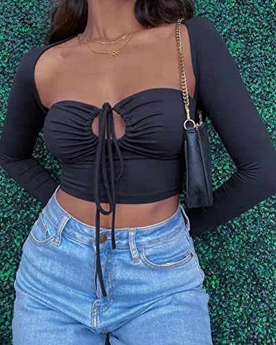 Women's Sexy Halter Criss Cross Tie Up Crop Top Basic Long Sleeve Cut Out T Shirt4