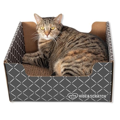 HIDE & SCRATCH Cat Scratcher Box and Cat Bed with Refillable Double-Sided Cardboard Scratch Pad for Indoor Cats