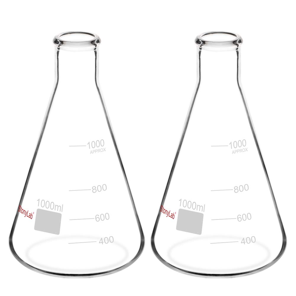 stonylab (2 Pack) 1000 ml Narrow Mouth Erlenmeyer Glass Flasks with Heavy Duty Rim, 1 L (1 Liter)