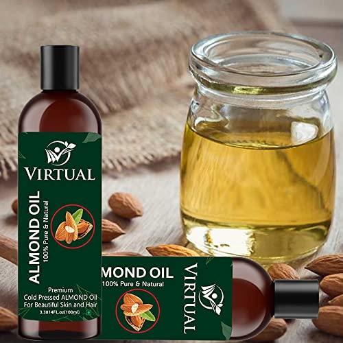 Image of VIRTUAL Pure Almonds Essential Oil For Stronger Hair, Body Skin Care, Moisturizing Dry Skin, Eyelash & Nails Cold Pressed Oil With No Mineral & Silicones