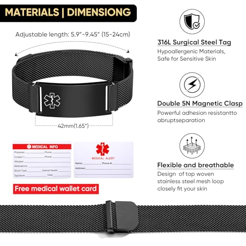 VNOX Medical Alert Id Bracelet for Men Women, Custom Engraving Adjustable Stainless Steel Customizable Mesh Emergency Survival Medic Bracelets Wristband Loop Band with Replacement Tag4