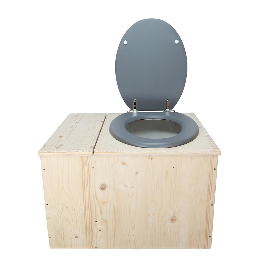 Toilette sèche en bois avec bac à copeaux intégré, bavette inox et seau 22L plastique - La Bac Gris clair 22 litres - Fabrication Française - N4