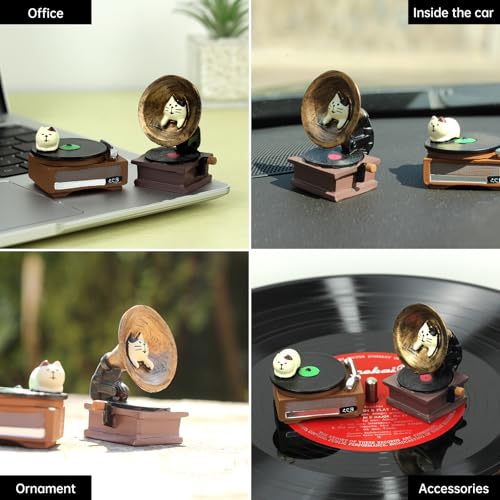 image for RAQWI Cat Vintage Phonograph and Cat Record Player Figurine Suitble fo