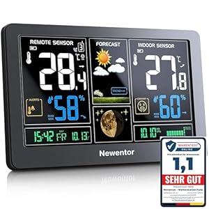 Newentor Wetterstation Funk mit Außensensor - Funkwetterstation mit Wettervorhersage, Temperaturwarnung, DCF Funkuhr - Batteriebetrieb und Netzbetrieb, Schwarz