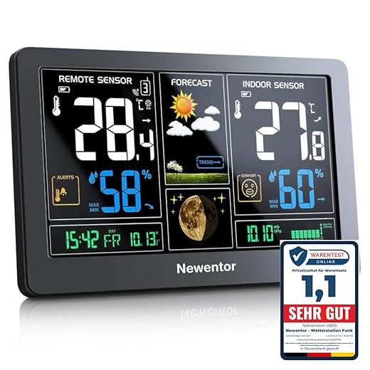 Newentor Wetterstation Funk mit Außensensor - Funkwetterstation mit Wettervorhersage, Temperaturwarnung, DCF Funkuhr - Batteriebetrieb und Netzbetrieb