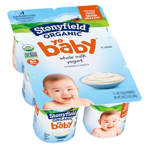 Stonyfield Organic YoBaby Whole Milk Baby Yogurt Cups with Probiotics, Plain, 4 Oz, 6 Pack