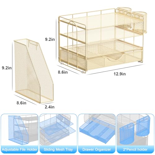 Image of gianotter Desk Organizers and Accessories with File Holder, 4-Tier Desk Accessories & Workspace Organizers with Drawer and 2 Pen Holder, Paper Organizer for Office Supplies(Gold)