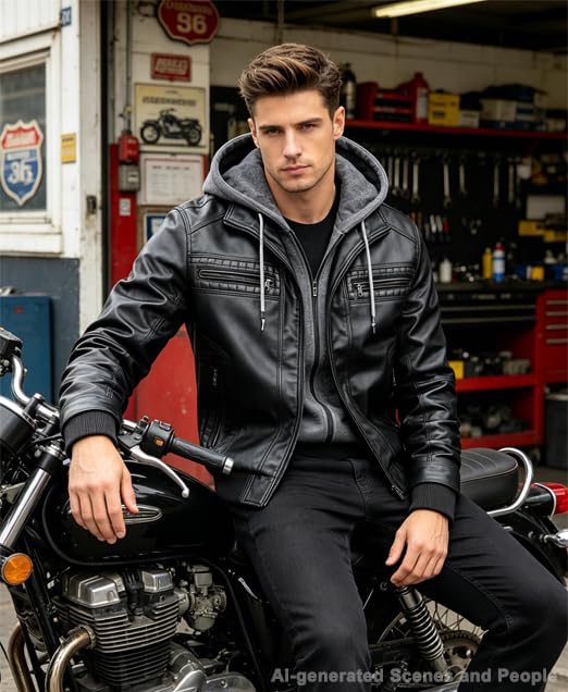 Image of INVACHI Men's Faux Leather Motorcycle Bomber Jacket with Removable Hood