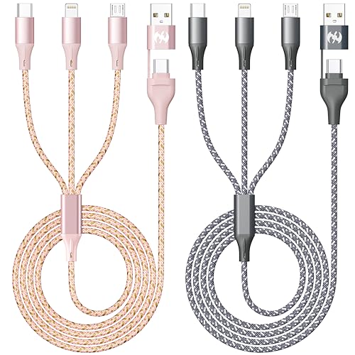 IDISON Multi Charging Cable (4ft 2Pack), 3 in 1 Charging Cable Nylon Braided USB A/C Port iPhone Charger Cord with Type C Lightning USB for Apple iPhone Android Phone -Rose Grey