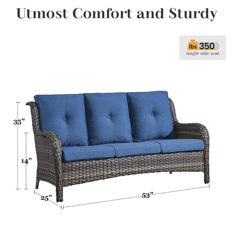 Image of Rilyson 3 Seat Outdoor Wicker Couch, Rattan Patio Sofa, Blue Cushions | High Back and Deep Seating, All Weather, Water-Resistant, Removable Cover, Stain-Resistant, for Garden Backyard Deck