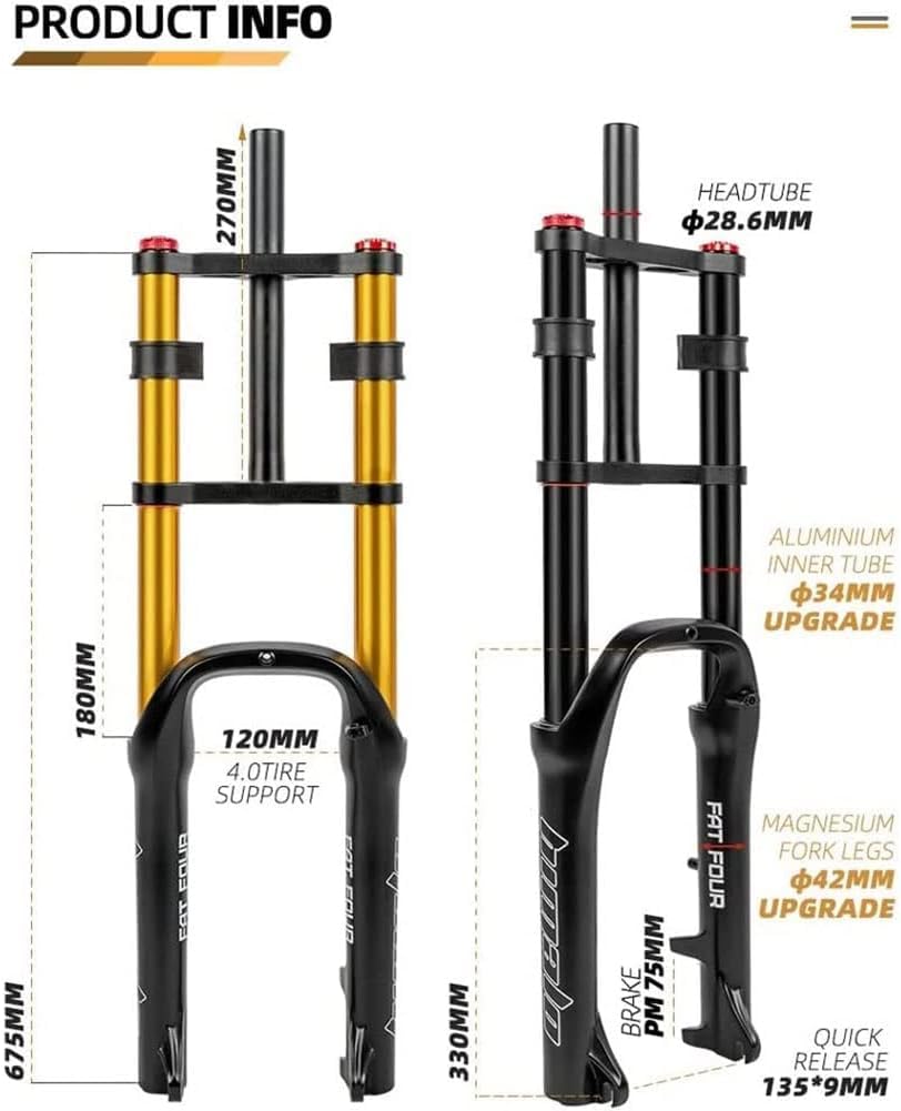 Fourche Suspendue Vélo 20/24 Pouces – Double épaule – Or – Débattement 100mm