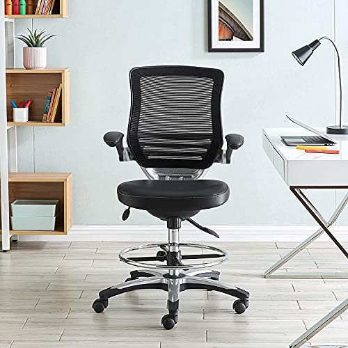 Modway MO-EEI-211-BLK Edge Vinyl Seat and Mesh Back with Flip-Up Arm - Reception Desk Chair, Drafting, Black, Drafting Chair