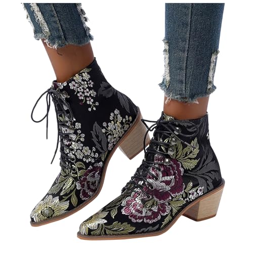 Womens Vintage Floral Embroidered Block Heel Cowboy Boots Heighten Ethnic Ankle Booties for Women Bride Wedding Party Pointed Toe Chunky Heels Combat Boot Lace Up Short Dress Boots4