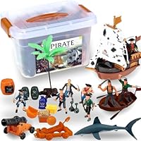 Liberty Imports Bucket of Pirate Action Figures Toys Playset with Pirate Ship, Boat, Treasure Chest, Cannons, Shark for Kids Imaginary Pretend Play
