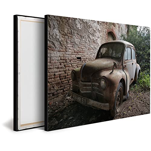 PRINTADECO SBL0186 Tableau Décoration Murale Moderne 60x40 cm, Impression sur toile Haute Définition, Cadre épais XXL 4cm, Bord Noir, Ancienne Voiture 4CV abandonnée