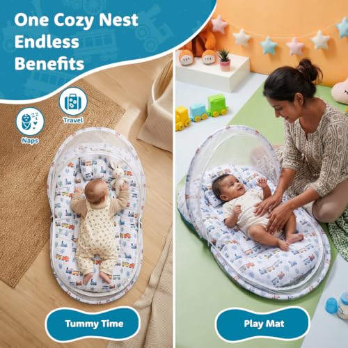 Image of Amazon Brand - Supples Baby Bed Mattress with Mosquito net | Toy Vehicle Print | Blue