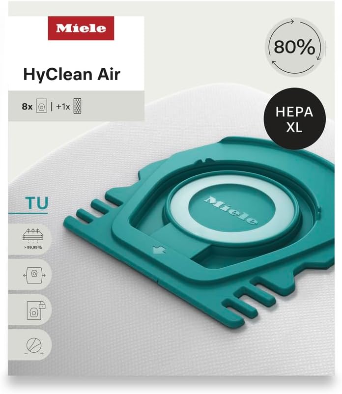 Miele HyClean Air TU Vacuum Cleaner Bags for Miele Guard L1 Vacuum Cleaners, Allergy XL Pack of 8 Vacuum Bags and 1 SF-HA 50 HEPA AirClean Filter – 12909770