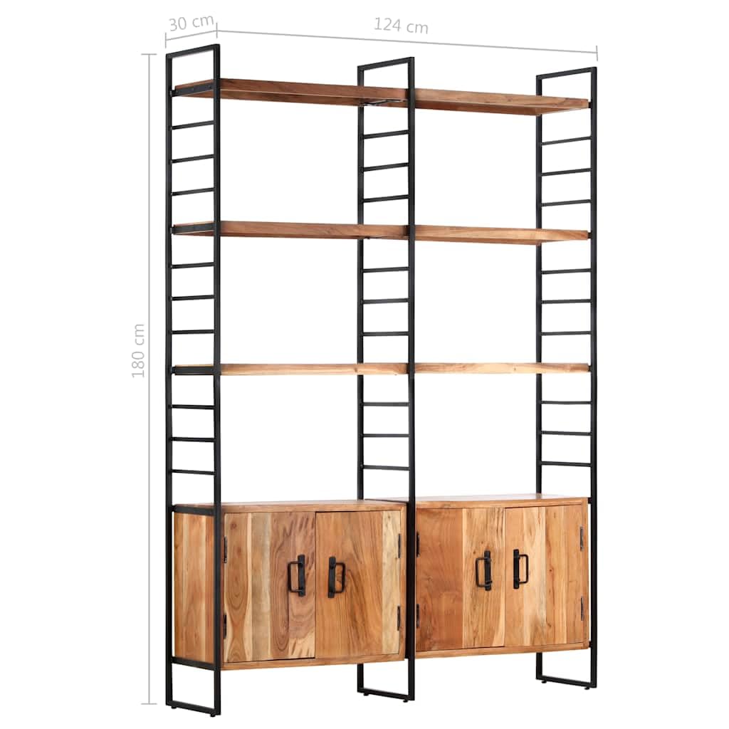 Libreria a 4 livelli in legno di acacia massiccio con 4 porte, 124 x 30 x