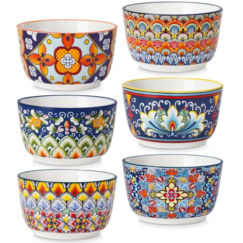 vancasso 8 Oz Ramekins Oven Safe Set of 6, Bohemian Creme Brulee Ramekins, Colorful Souffle Dishes, Pudding Custard Cups for Baking, Small Ceramic Bowls for Snacks, Ice Cream