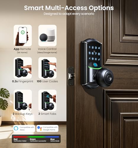 Veise VE028 WiFi Fingerprint Smart Door Lock with Knob Handle, Matte Black