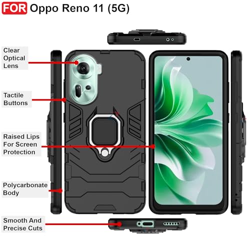 Image of CEDO Kickstand Cover for Oppo Reno 11 (5G) Rugged Case | Built-in Stand Rotating Ring Holder | Military Grade Armor Bumper Back Cover (Black)