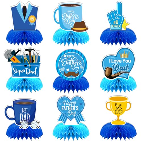 Image of Happy Father's Day Table Decorations Honeycomb Centerpieces, 3D Double Side Father's Table Decor Party Supplies for Dad(9 Pieces）
