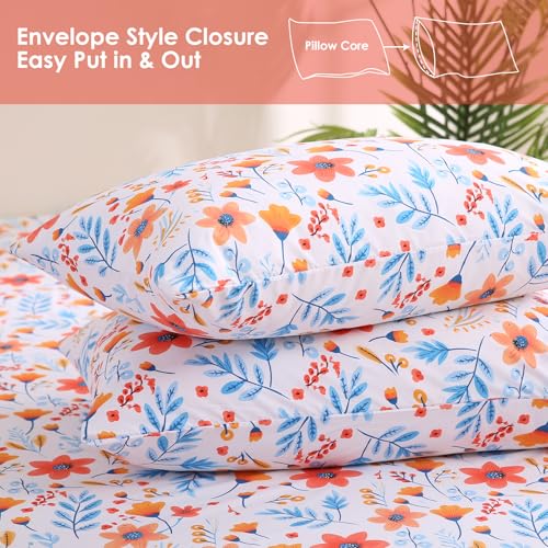 Image of JSD Boho Floral Printed Full Sheet Set 16 inch Deep Pocket | 4 Piece Soft Microfiber Sheets, Watercolor Pink Blue Flower Patterns, OEKO-TEX Certified, Easy Care