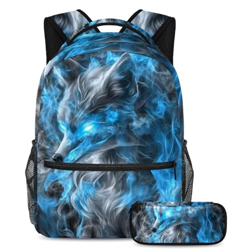 Sac à dos renard bleu et gris 2 pièces avec trousse de grande capacité pour l'école