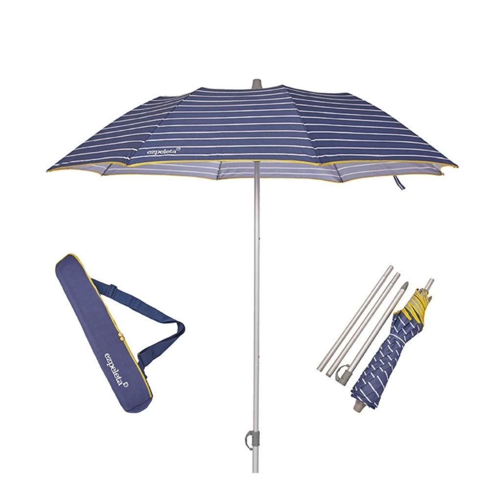 EZPELETA Sombrilla terraza. Parasol/Sombrilla de playa. Paraguas sol ligero y plegable de aluminio. Diámetro 155cm. Protección solar UPF 50+. Estampado rayas/marinero. Incluye funda/bolsa.