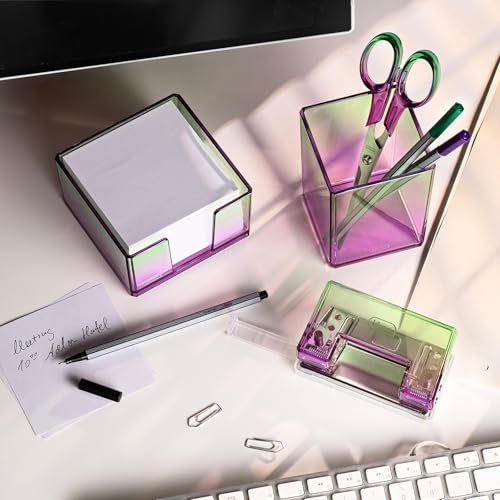 Idena 11364 - Zettelbox mit 500 Blatt 80g/m², Zettelkasten aus Kunststoff in Lila-Grün, Größe ca. 10,3 x 10,3 x 5,7 cm, geeignet für Schule und Büro