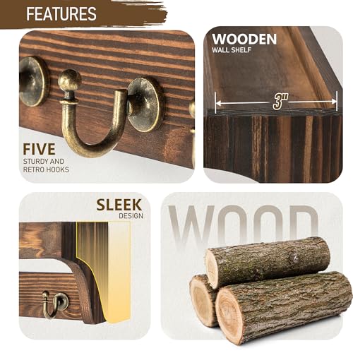 Image of Rebee Vision Pine Wood Key Holder Wall Mount - Multifunctional Key Holder for Wall with Hooks and Shelf for Mail, and Hats - Perfect for Home and Office Organization (Vintage Brown)