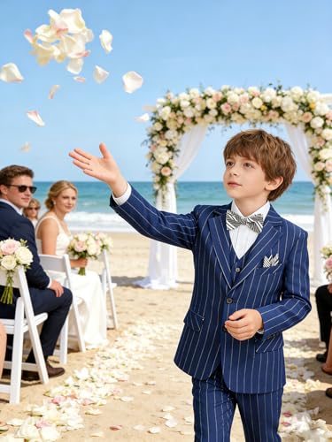 Image of Boy Suits Stripe Tuxedo Suit Set Complete Outfit Formal Wedding Party Wear Ring Bearer Outfit