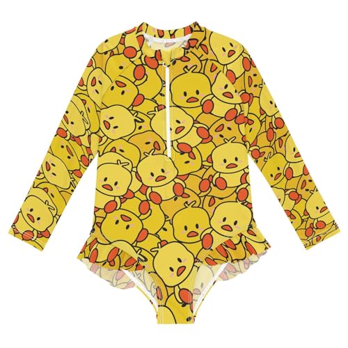 Girls Swimsuits Long Sleeve Bathing Suits Cartoon Duck UPF 50+ Sun Protection Swimwear 3-12 Years