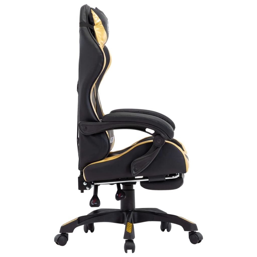 Silla de gaming con reposapiés, color dorado y negro, piel sintética, altura regulable, ergonómica, giratoria con soporte para la cabeza y lumbar, para trabajar cómodamente y jugar en la