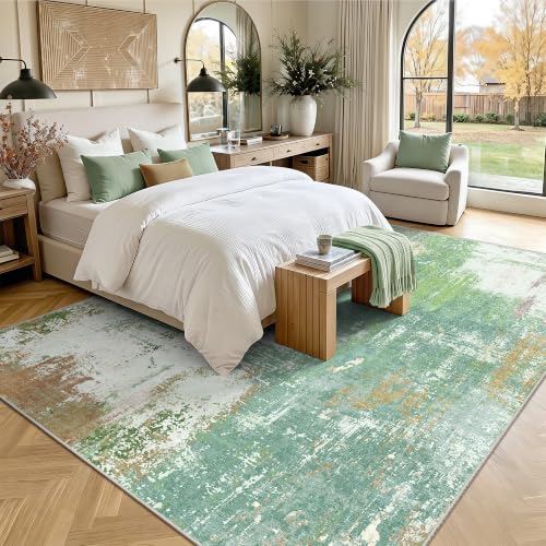 8x10 Alfombra Moderna Abstracta Lavable para Sala de Estar, Alfombra Ultra Suave Antideslizante de Pelo Bajo, Alfombra para Piso Rectangular para Dormitorio Comedor Oficina Lavandería Guardería en Casa (Verde Pintura al Óleo) miniatura 3