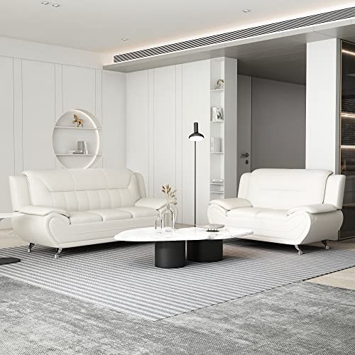 Container Furniture Direct Michael Modern Faux Leather Upholstered Stainless Steel Legs Living Room, Loveseat, Milky White #TOP6