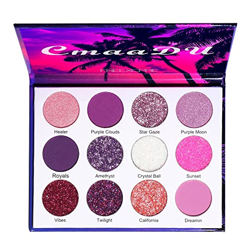 Uock Purple Matte Shimmer Eyeshadow Palette, 12 Colors Glitter Eyeshadow Long Lasting High Pigment Pink Multi-Color Waterproof Makeup Palette #TOP3