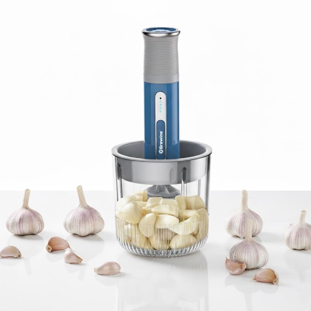 Brewine USB Cordless Vegetable Chopper & Garlic Peeler, 400ml Glass Bowl, Chop, Mince, Puree & Whisk, Stainless Steel Blades, Anti-Skid Pad, One-Touch Operation, 3 Mini Bowls Included, Rechargeable