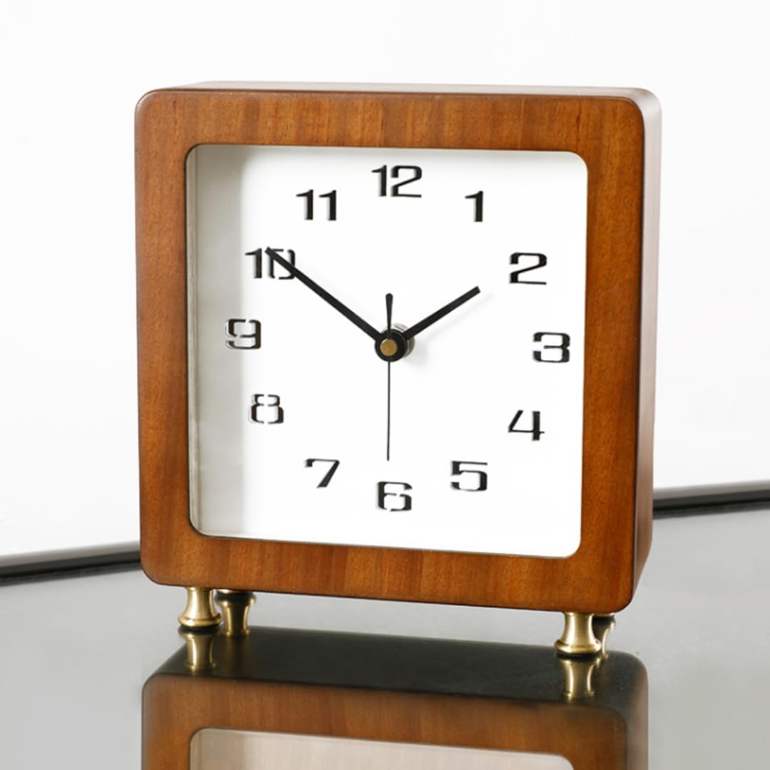 Odpaltoy Square Wooden Desk Clock with Arabic Numerals, Table Clocks Battery Operated,Analog Clock for Tabletop Decoration, Non-Ticking Silent,Simple