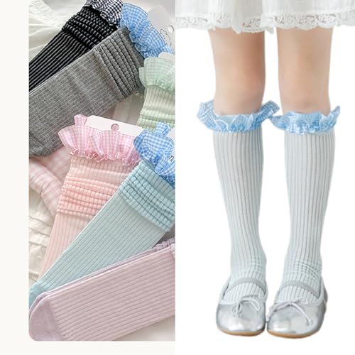 1 Pair Soft Cotton Under Knee Socks for Girls with Checkered Lace Trim Comfortable Stretchy Design Stackable Socks2