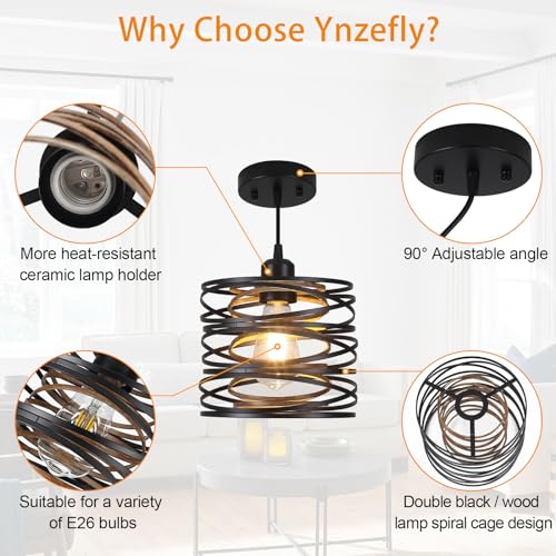 Ynzefly Pendant Lights Kitchen Island - Metal Hanging Light Fixtures Wood Farmhouse Pendant Lighting for Dining Room Bedroom Bar Office, Industrial Black, 2 Pack - ETL Certified by Ynzefly - Used condition - Image 4