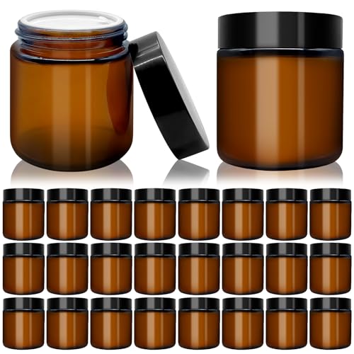 4 oz Amber Glass Jars With Lids(24 pcs),Round Glass Cosmetic Jar With Lid With Inner Liners,4 oz Glass Jars With Lids For Cream, Lotions, Powders and Ointments
