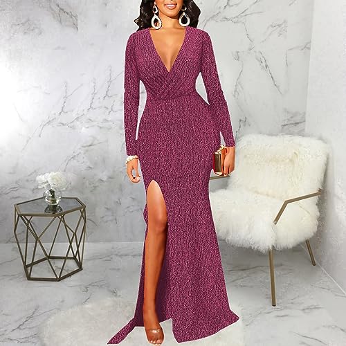 Image of Women's Sexy Long Sleeve Sparkly Maxi Dress V Neck High Slit Wrap Formal Gown Cocktail Glitter Maxi Long Dresses
